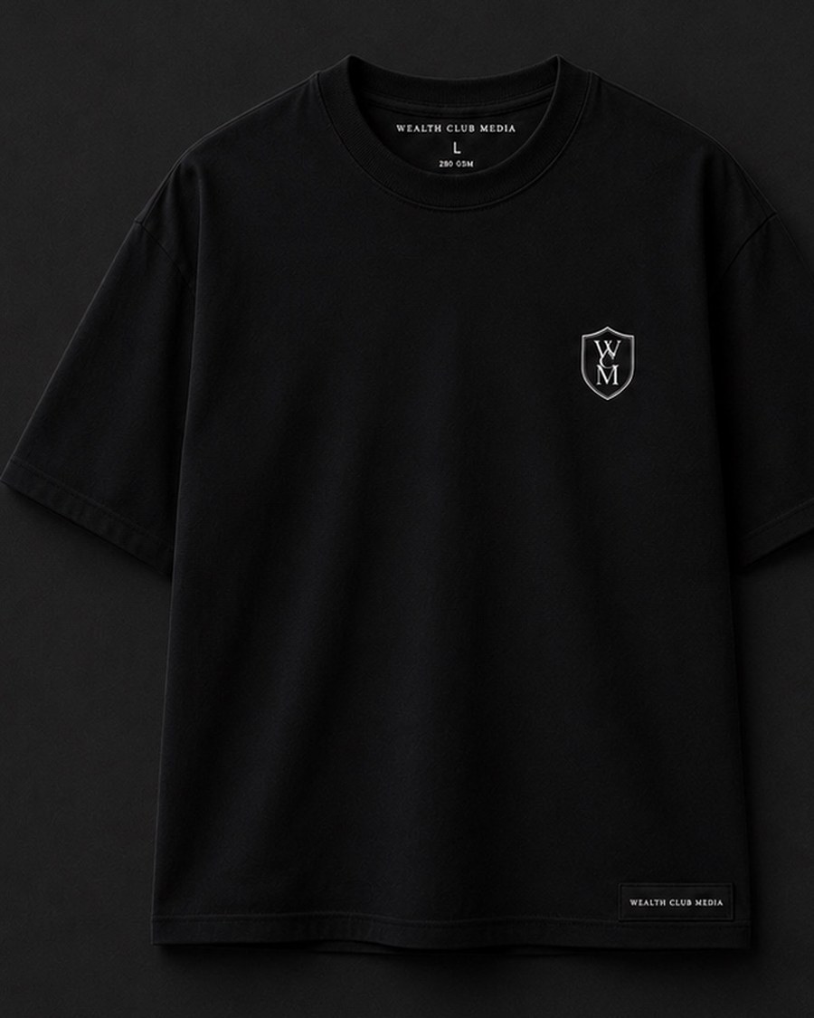 WEALTH CLUB MEDIA 280 GSM Premium Cotton Oversized T-Shirt — Black, front view